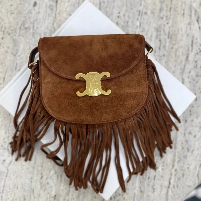 小众设计凯旋门流苏马鞍包2023新款美拉德复古麂皮绒链条斜跨小包