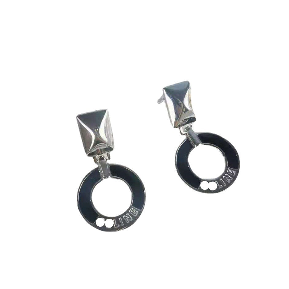 赛家新款celi风法式黑色滴胶圆饼长方形耳钉复古时尚耳环圆牌耳饰