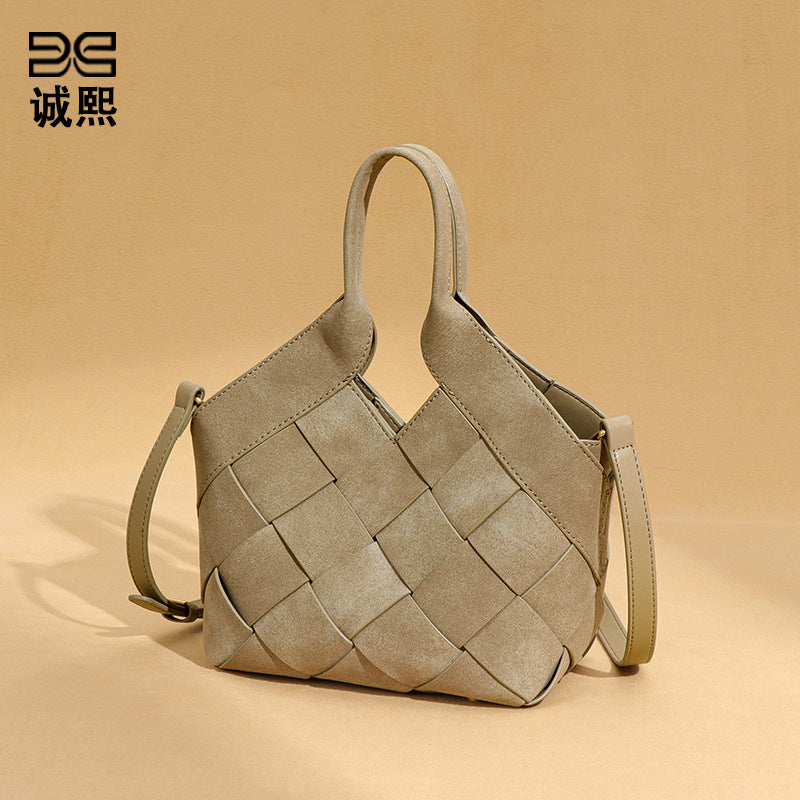 时尚磨砂高级感手拎单肩女包小众手工编织包包简约潮流子母斜挎包