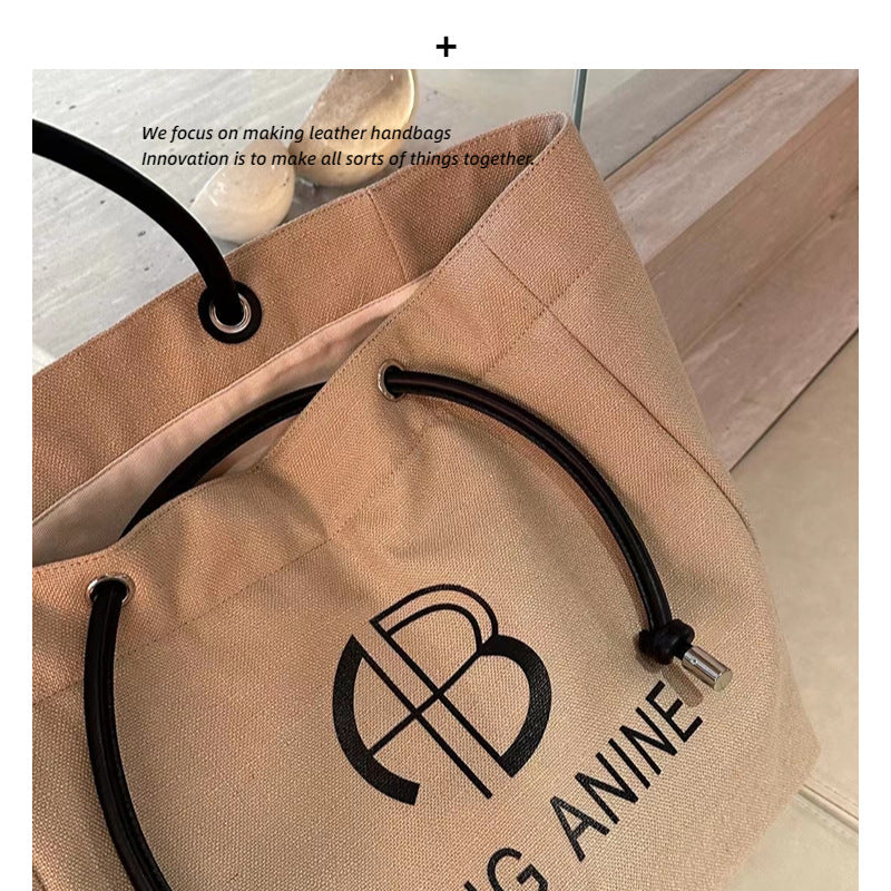 大容量托特包高品质子母印花棉麻帆布真皮手拎袋度假帆布袋文艺包