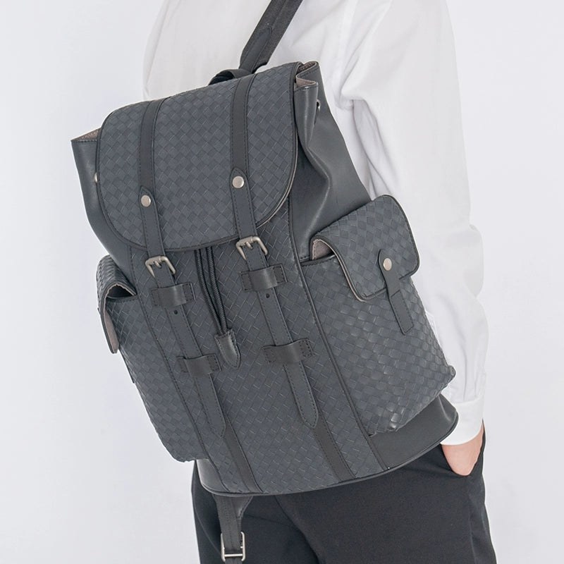 X&BV男士双肩包真皮休闲商务编织旅行包大容量书包电脑包潮男背包