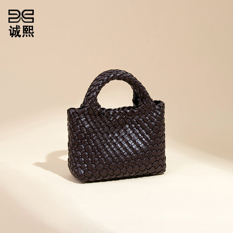 时尚百搭小清新手拎编织女包休闲纯色菜篮子单肩斜挎包手提子母包