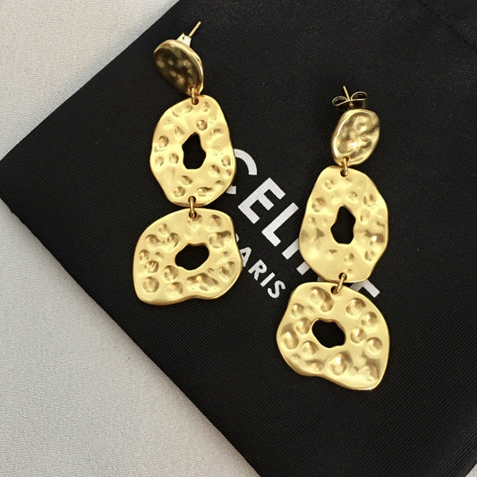 赛家21新款三环凹凸长款耳钉女高级感气质欧美几何形圆圈耳环