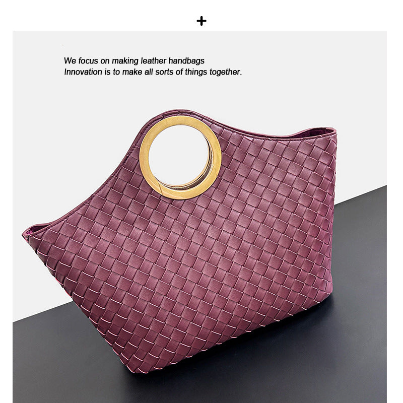 圆环手提包高级感菜篮子水桶包新款牛皮时尚通勤托特包斜挎肩包包