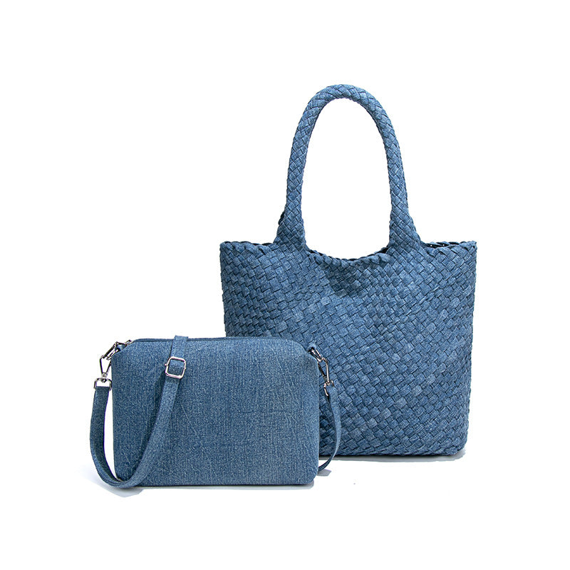韩版牛仔布手工编织包包高级感单肩斜挎腋下包手提菜篮子母托特包