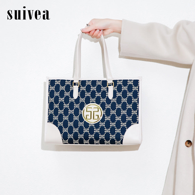 跨境通勤女士手提包棉麻刺绣大气托特包外贸简约休闲大容量妈咪包