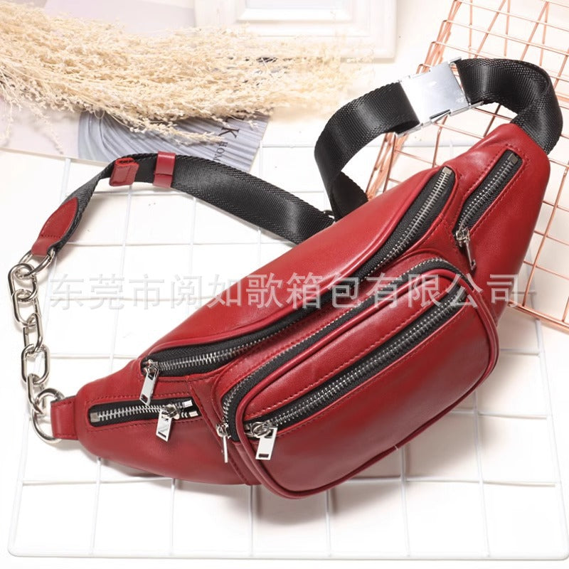 腰包女潮ins桑稚赵露思同款羊皮女胸包真皮百搭单肩斜挎链条小包