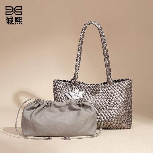 跨境新款枪枪手工编织女包潮流单肩腋下包质感休闲手拎子母托特包