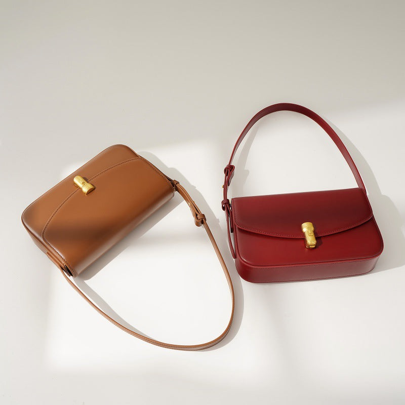 高级感牛皮小方包 秋季质感子弹头斜挎小包包复古真皮单肩腋下包