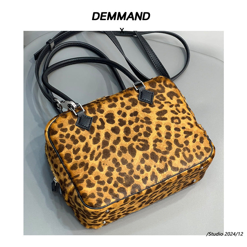 马毛豹纹手提包2024秋冬新款大容量锁扣单肩包通勤真皮牛皮斜挎包