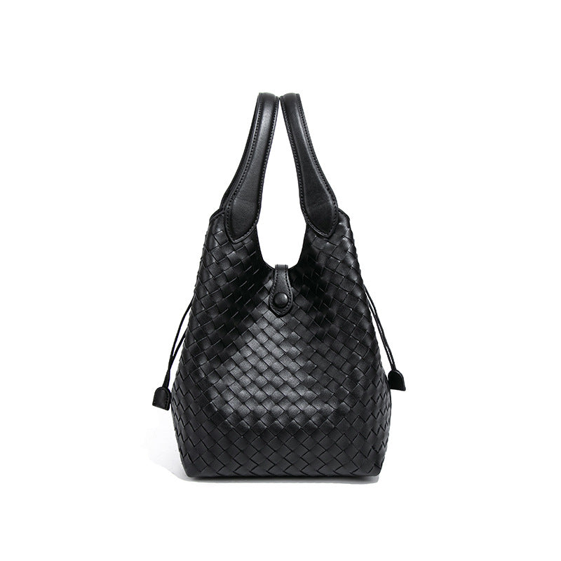 韩版纯色百搭菜篮子手提水桶包质感手工编织女包大容量单肩斜跨包