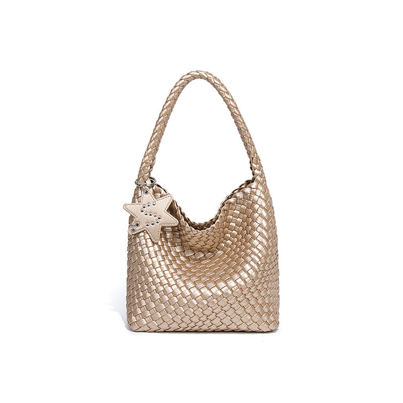 经典百搭枪枪小号手提女包休闲单肩腋下包时尚纯色手工编织子母包