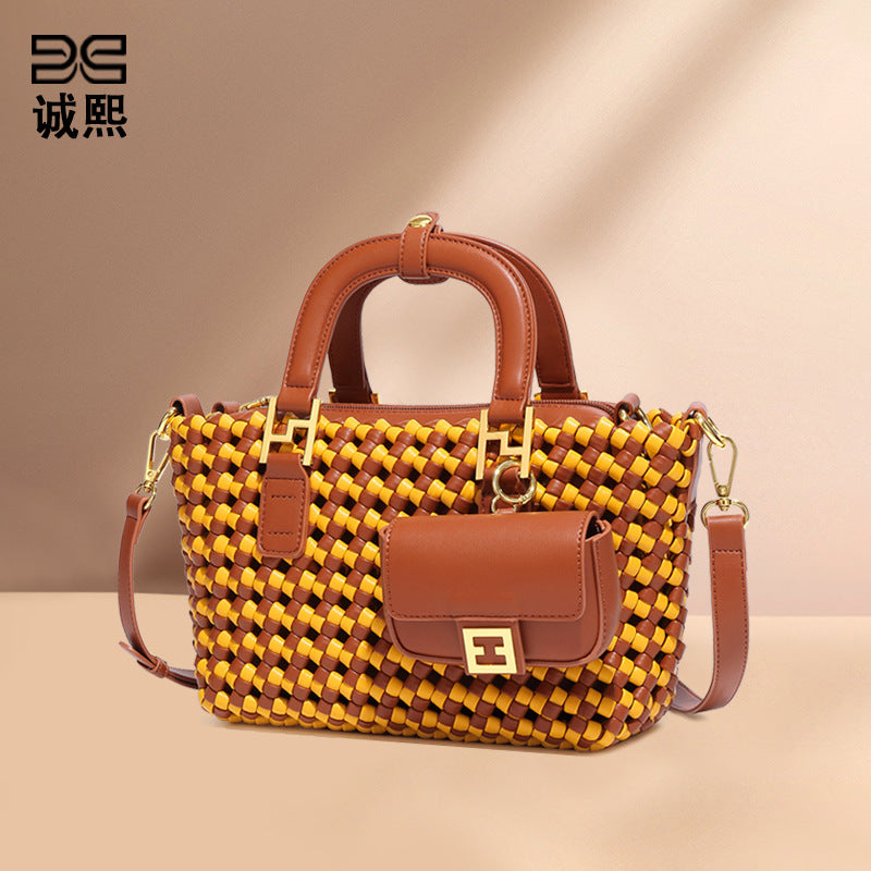 秋冬新款拼色手工编织包复古时尚单肩斜跨包休闲百搭三合一手提包