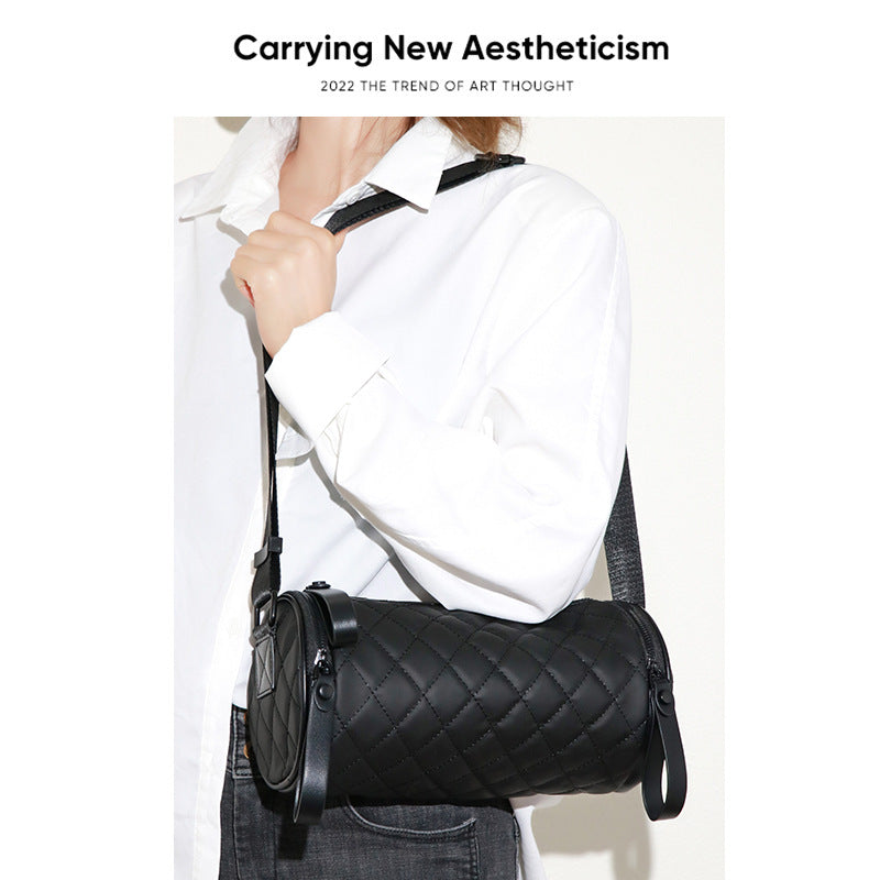 2025新款网红私人定制菱格休闲圆筒包时尚潮流百搭单肩斜跨女士包