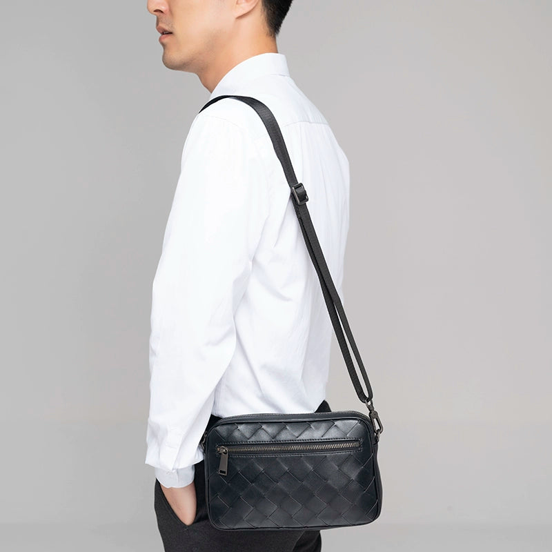X&BV真皮男包手拿包休闲手包编织横款多功能单肩斜挎包男士小背包