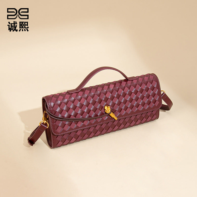 个性时尚双拼编织晚宴包时尚横版手拿法棍包休闲百搭单肩斜挎女包