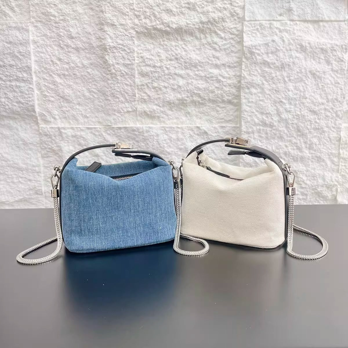 牛皮拼接牛仔布帆布手提饭盒包链条饺子包时尚百搭单肩斜挎小包女