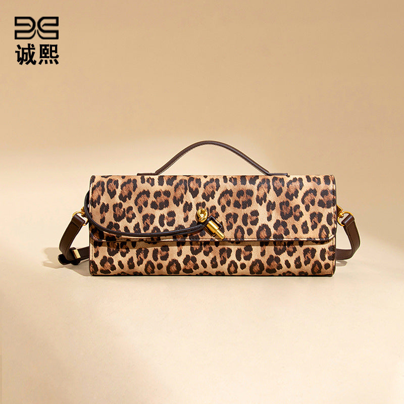 新品风琴横款手拿晚宴包复古豹纹潮流手拎女包单肩斜挎中古法棍包