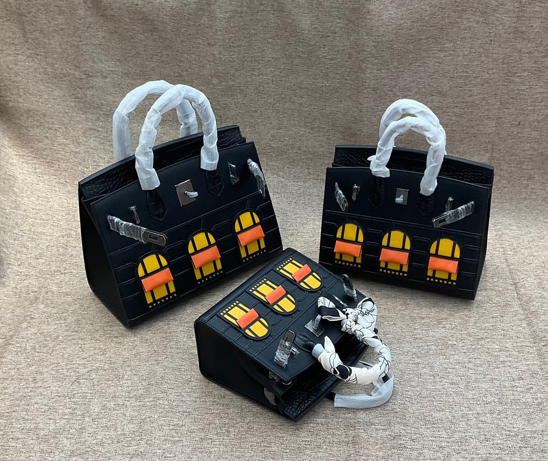 2024真皮手掌纹拼鳄鱼纹牛皮小房子包铂金包时尚拼色手提斜跨女包