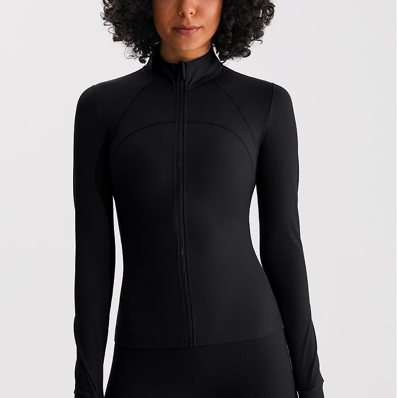 瑜伽外套女吸湿速干跑步健身服训练卫衣高弹裸感罗纹修身运动上衣