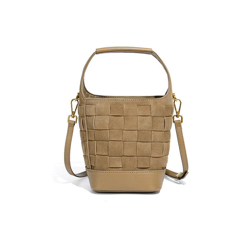 复古小众手工编织包磨砂麂皮绒手拎水桶包拼色子母包单肩斜挎女包