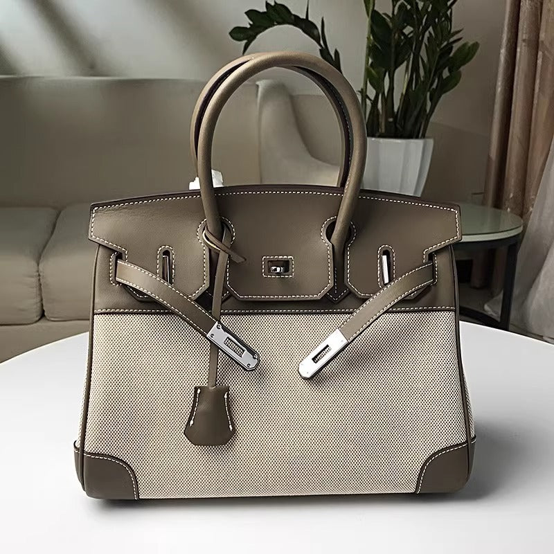 高品质时尚简约铂金包帆布拼接swift牛皮女包休闲桶包手提单肩包