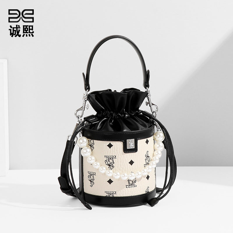 时尚印花新款兔子发财水桶包潮流珍珠手提圆筒包潮流单肩斜挎女包