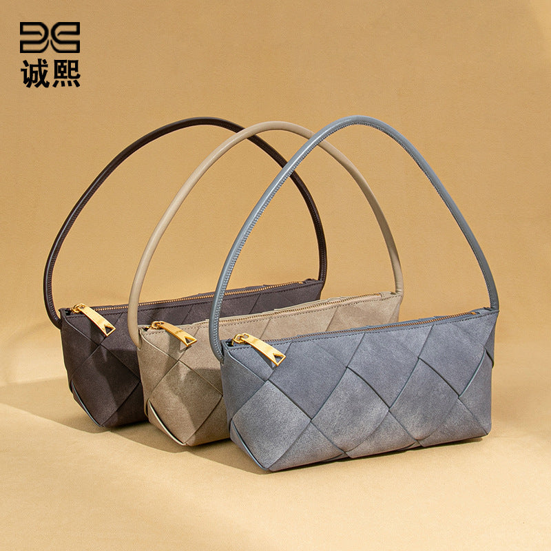 时尚小众设计单肩女包秋冬磨砂麂皮绒编织包包潮流复古手拎腋下包