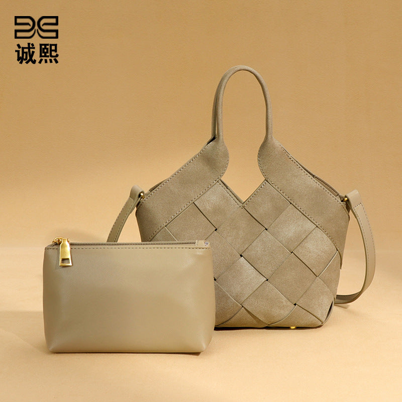 时尚磨砂高级感手拎单肩女包小众手工编织包包简约潮流子母斜挎包