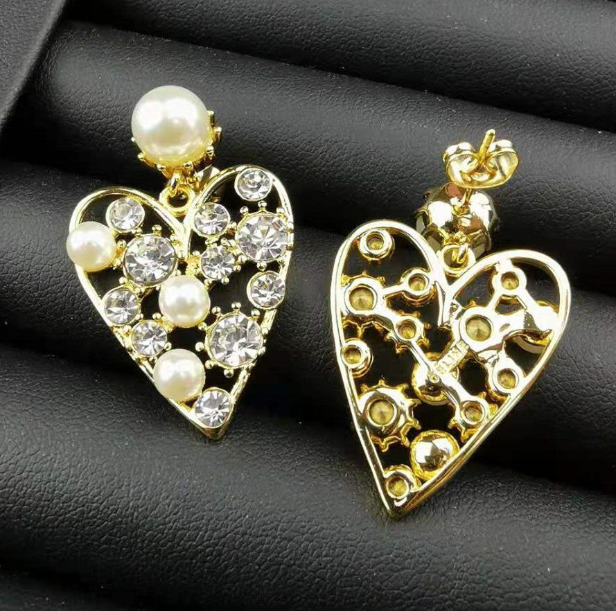 赛家耳环爱心镂空满钻珍珠珍珠水晶闪闪时尚气质欧美心形耳钉女