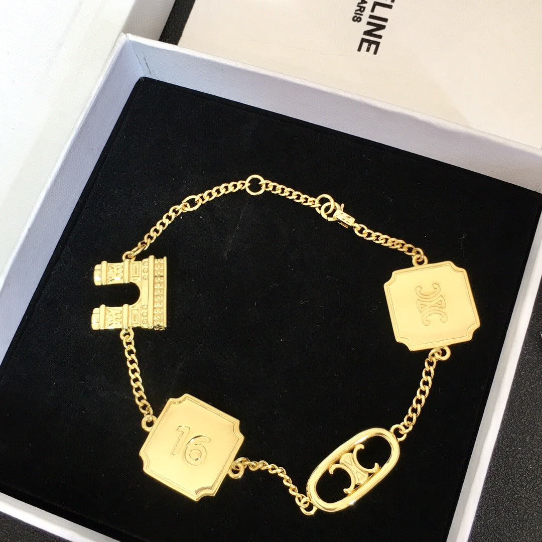 赛家新款项链手链立体凯旋门浮雕牌高级中古Vintag粗链条项链手链