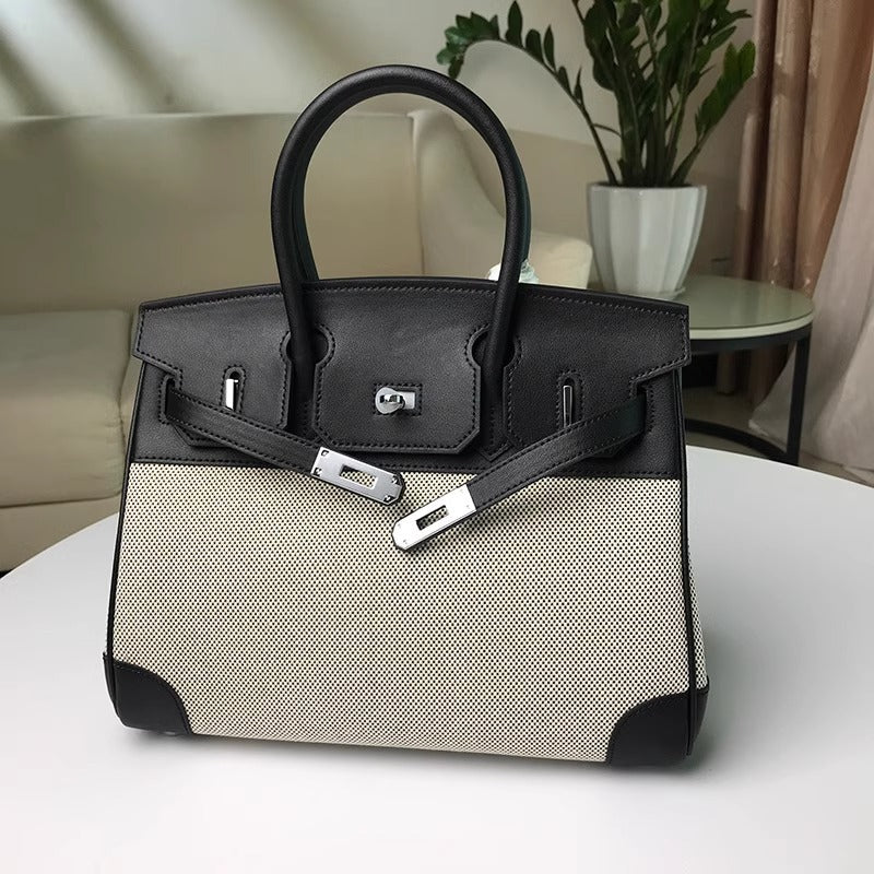 高品质时尚简约铂金包帆布拼接swift牛皮女包休闲桶包手提单肩包