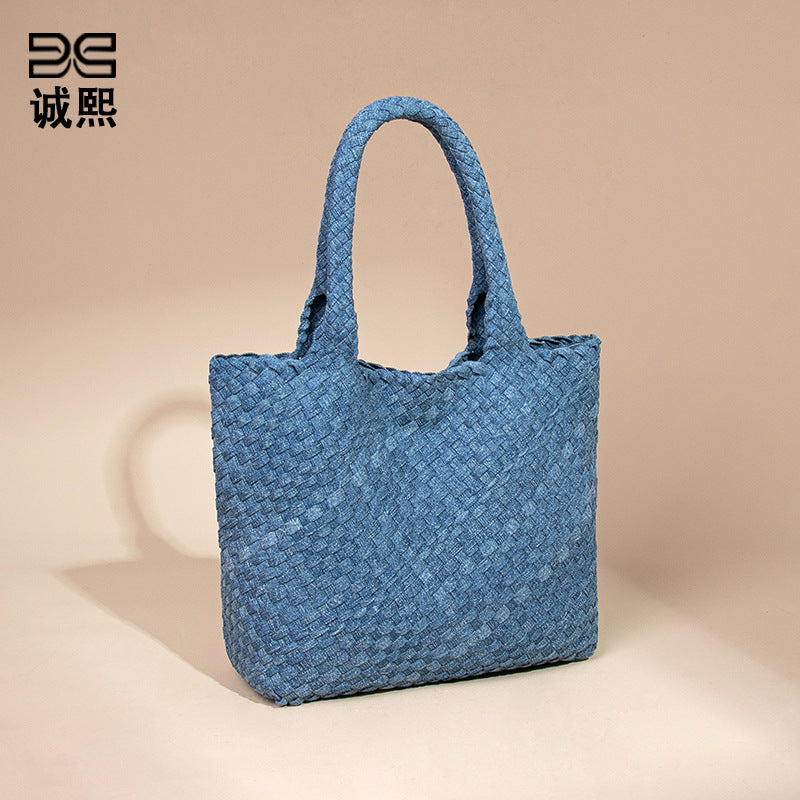 韩版牛仔布手工编织包包高级感单肩斜挎腋下包手提菜篮子母托特包