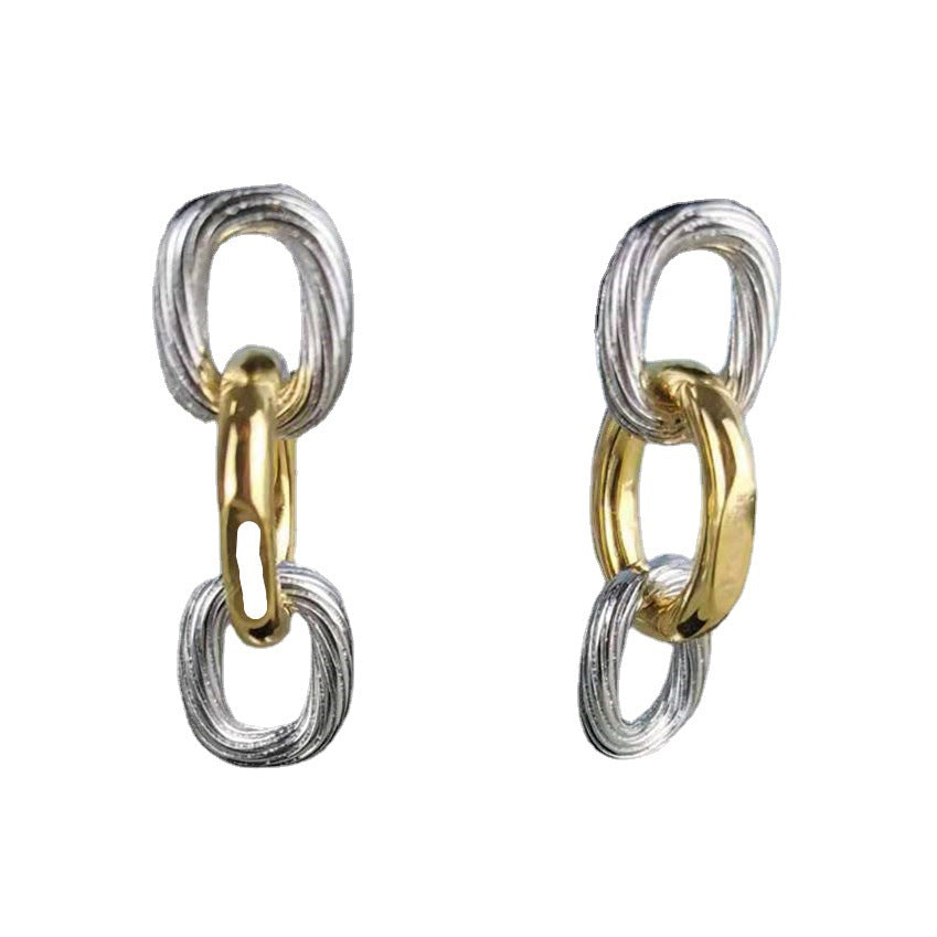 巴家新款链条耳环耳坠ins简约时尚复古拼色椭圆环三环扣耳钉女