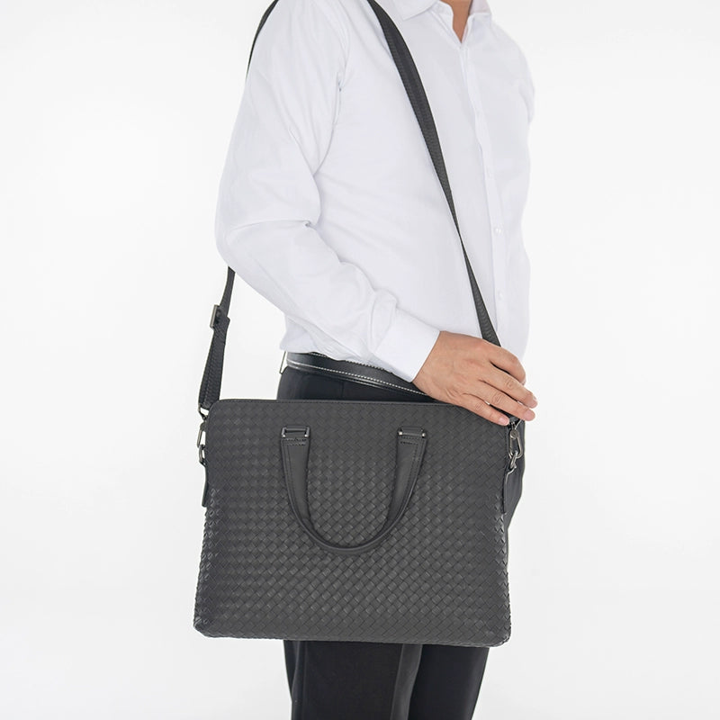 X&BV公文包男商务简约真皮手提包编织潮男士横款单肩斜挎包大容量