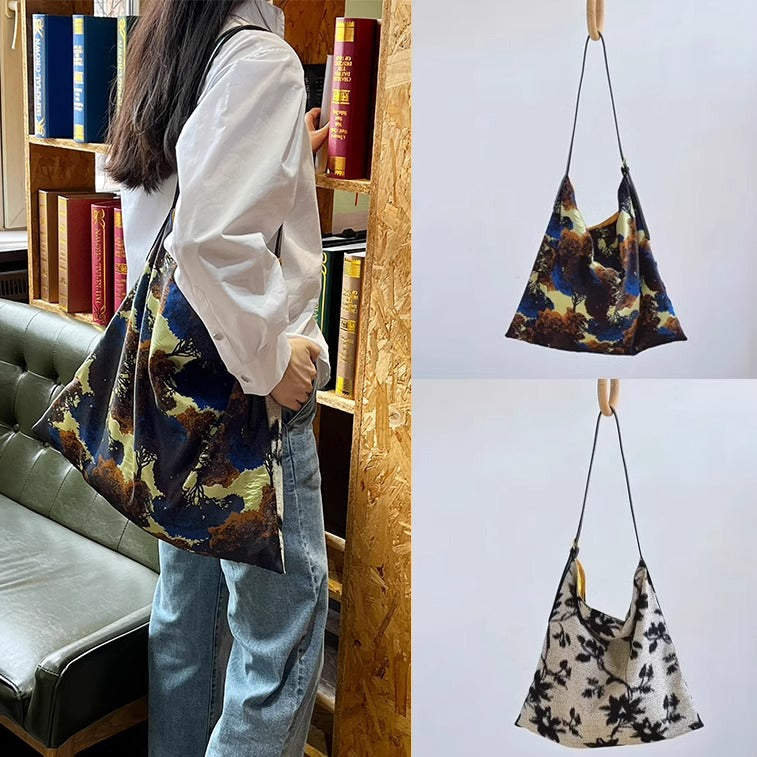 法式松弛感~复古时髦神秘森林油画印花双面单肩休闲背包托特女包