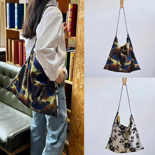 法式松弛感~复古时髦神秘森林油画印花双面单肩休闲背包托特女包