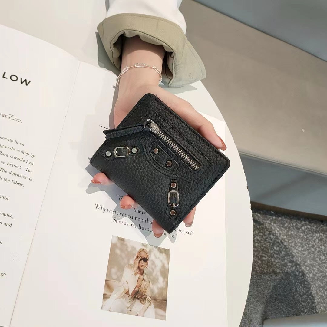 头层牛皮机车三折钱包女士小众风韩版短款钱夹大容量零钱一体卡包