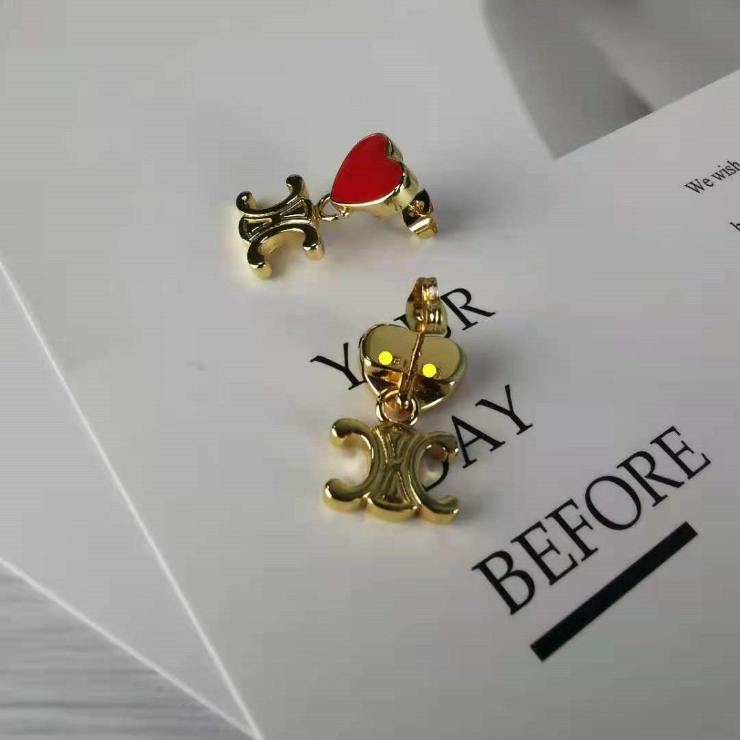 赛家新款红色心形爱心凯旋门耳钉耳环造型时尚百搭减龄时髦精耳饰