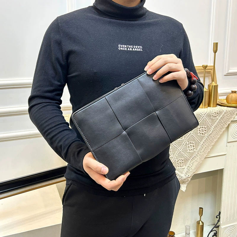 X&BV新款大牌手包男真皮大容量编织商务休闲男士手拿包信封包男潮