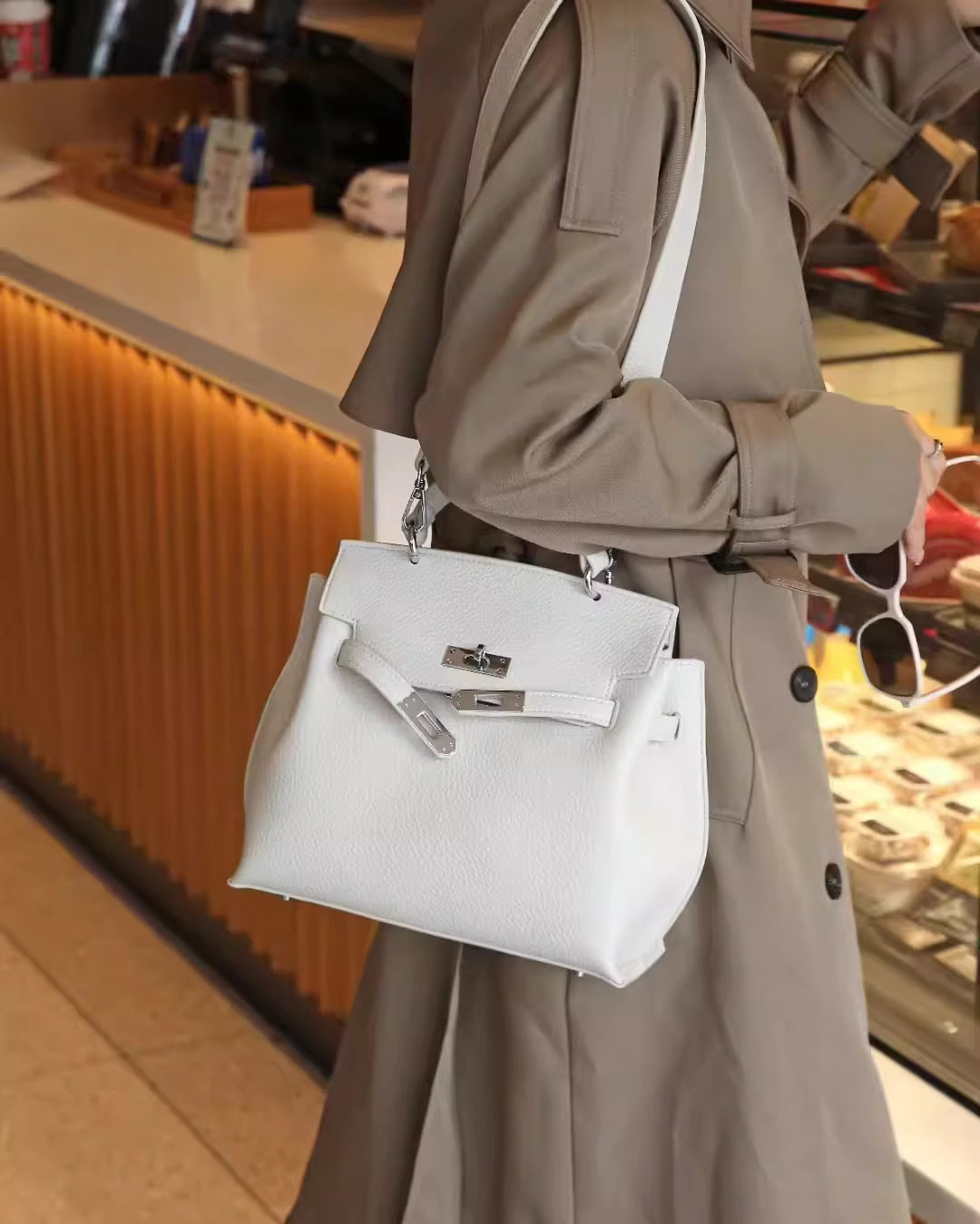 韩版高级感格纹配togo牛皮铂金包大容量女手提单肩通勤包一件代发