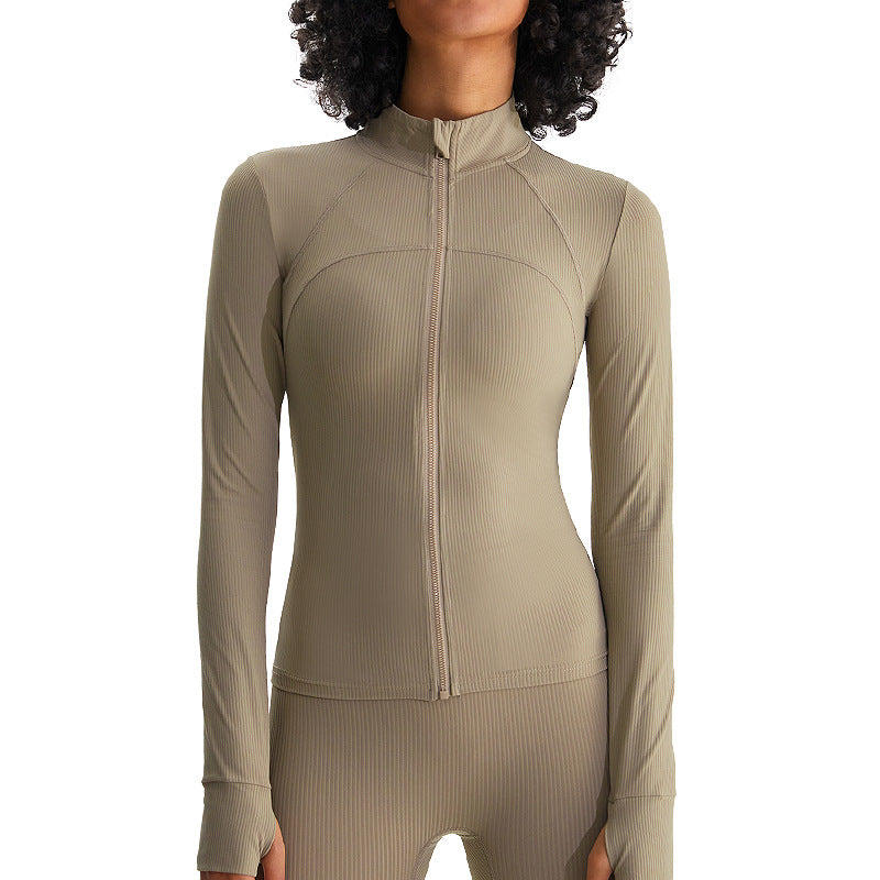 瑜伽外套女吸湿速干跑步健身服训练卫衣高弹裸感罗纹修身运动上衣