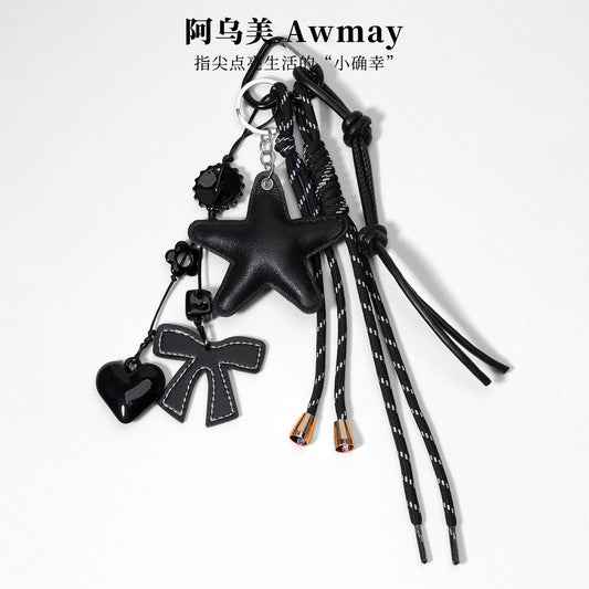 工厂原创diy包包挂件PU皮革五角星挂件亚克力桃心纽扣串珠编织绳