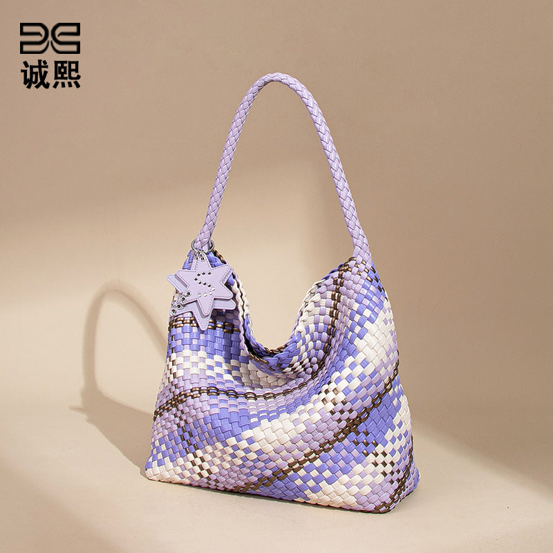 跨境新款拼色子母单肩托特女包大容量百搭腋下包全手工编织手提包