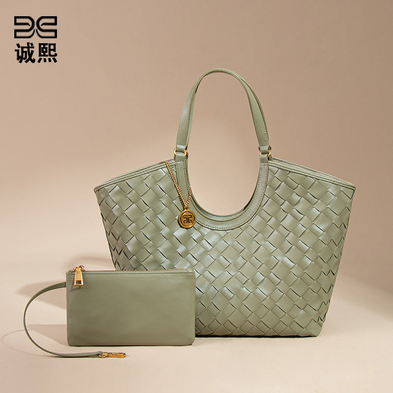 简约大容量通勤菜篮子手拎女包手工编织包休闲百搭纯色子母托特包