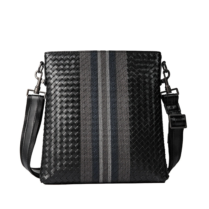 X&BV单肩包男真皮休闲男士斜挎包新潮竖款时尚牛皮编织男包小背包