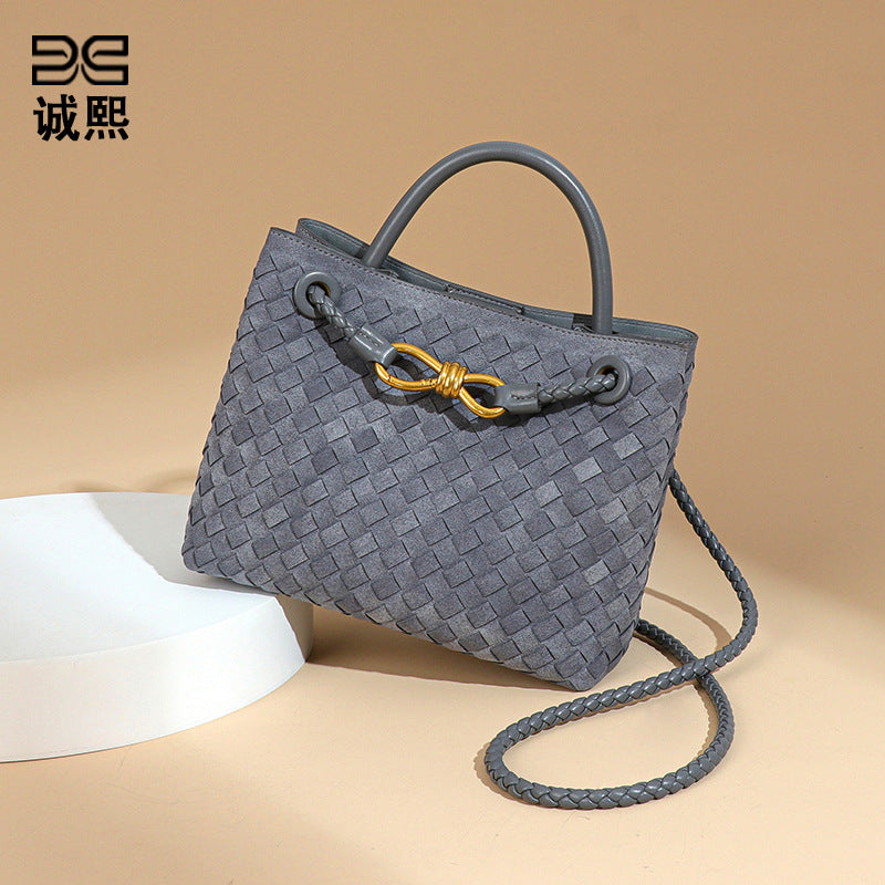 欧美高级感手提托特包秋冬复古磨砂麂皮绒编织女包时尚单肩斜跨包