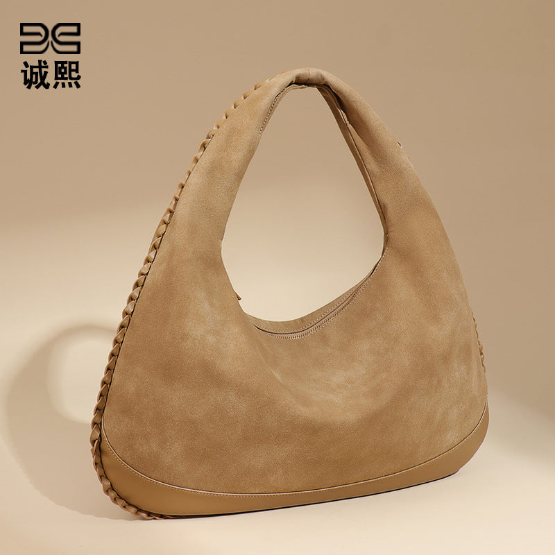 新款麂皮绒磨砂单肩女包复古大容量通勤腋下包手拎百搭时尚月牙包
