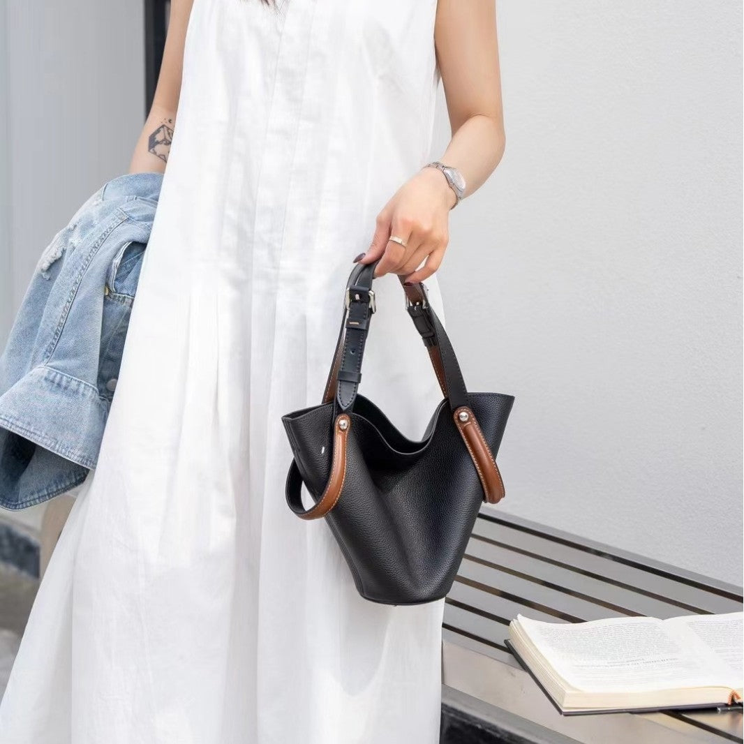 2025新款外贸女包牛皮手提包扇形菜篮子小众大容量手拎购物托特包