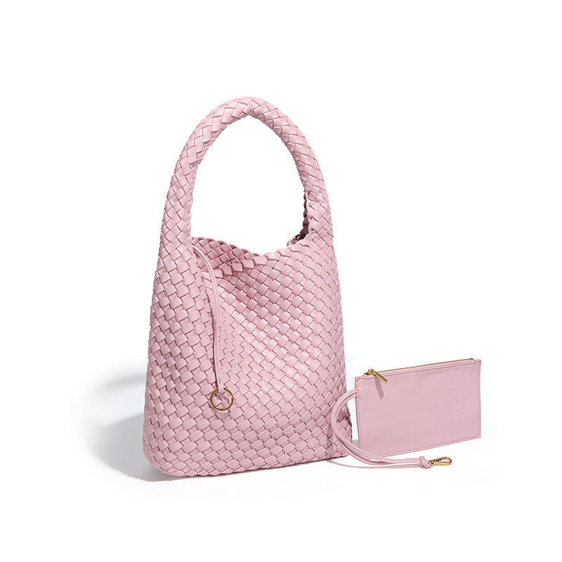 源头工厂定制LOGO贴标单肩腋下包时尚手工编织包大容量子母托特包